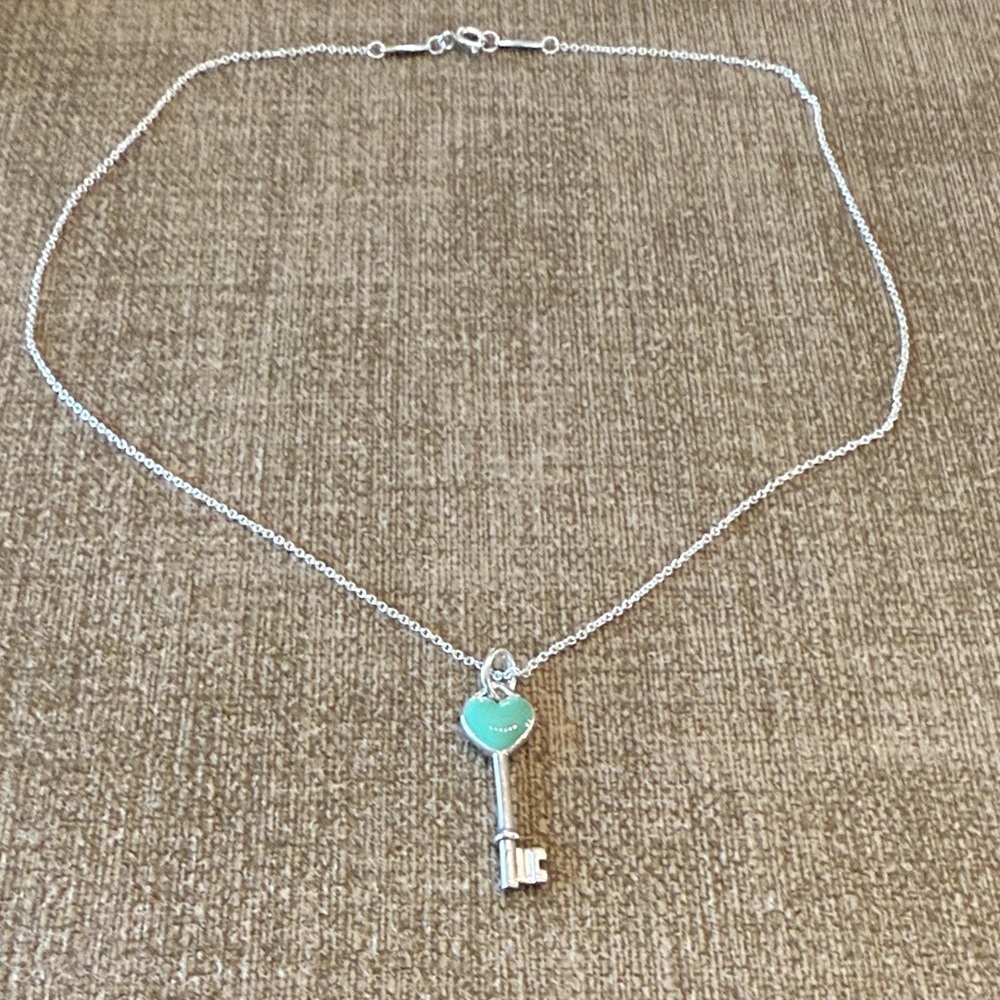 Tiffany & Co. Sterling Silver Blue Heart Key Pendant with 16-Inch Chain - Picture 6 of 7